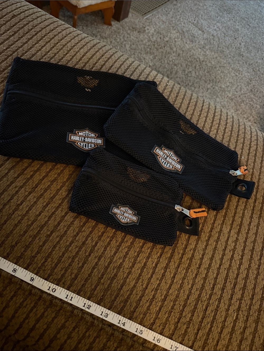Harley-Davidson Black Mesh Travel Pouch Set with Orange Zip Tabs - 3 Pack